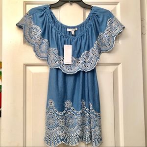 NWT Off the shoulder blue and white eyelet top